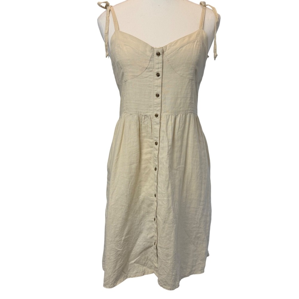 Aerie Medium Linen Button Smocked Midi Dress Beige Corset Adjustable Summer